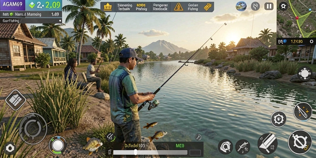 Screenshot AGAM69 menunjukkan pemain sedang memancing di laut yang indah.