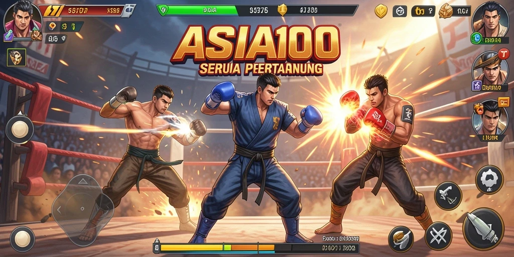 Tangkapan layar utama ASIA100 menampilkan aksi pertarungan yang intens.