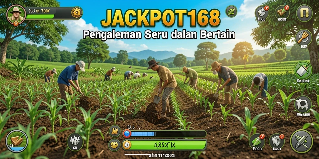 Tangkapan layar permainan JACKPOT168 yang menunjukkan keseruan bertani.