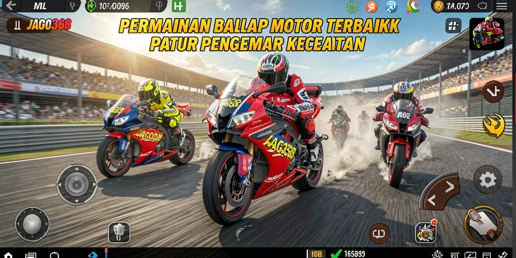 Screenshot utama JAGO368 menampilkan aksi mendebarkan dalam balap motor.