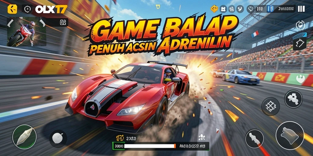 Screenshot OLX17 menampilkan aksi balap seru dengan mobil yang melaju cepat.