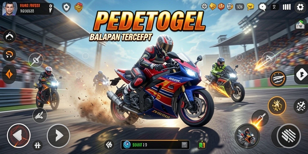 Screenshot PEDETOGEL menampilkan aksi balapan motor yang mendebarkan.