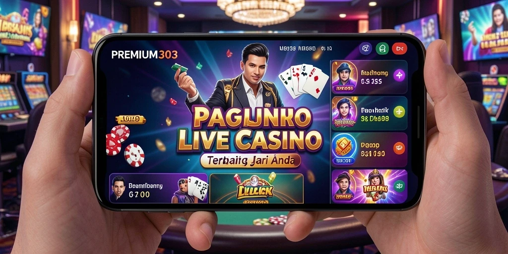 Screenshot gameplay PREMIUM303 menunjukkan dealer langsung dan suasana kasino yang mendebarkan.