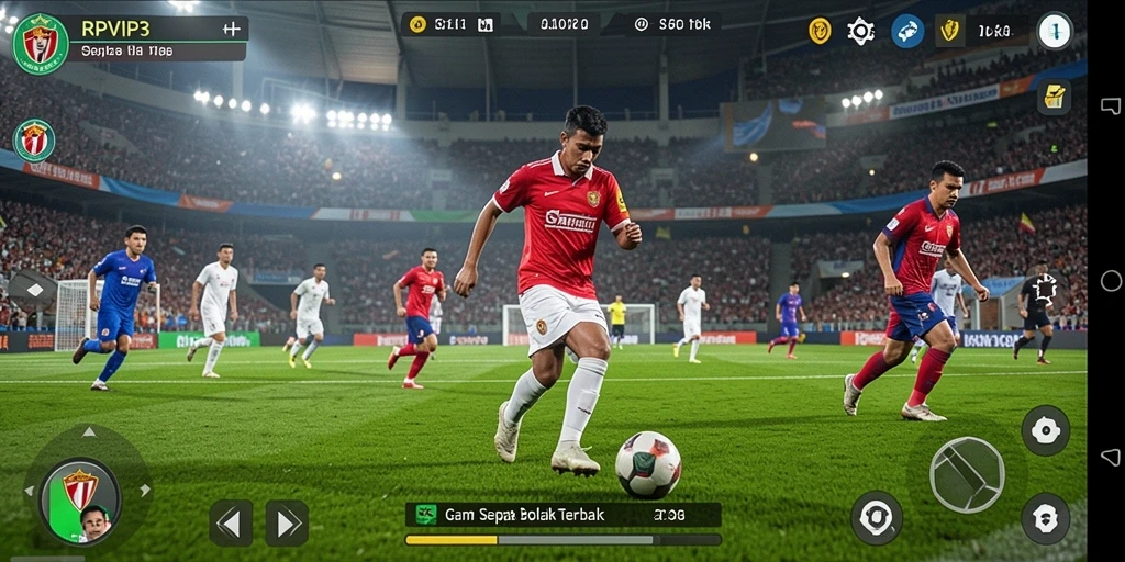 Screenshot RPVIP3 menunjukkan aksi sepak bola yang mendebarkan.
