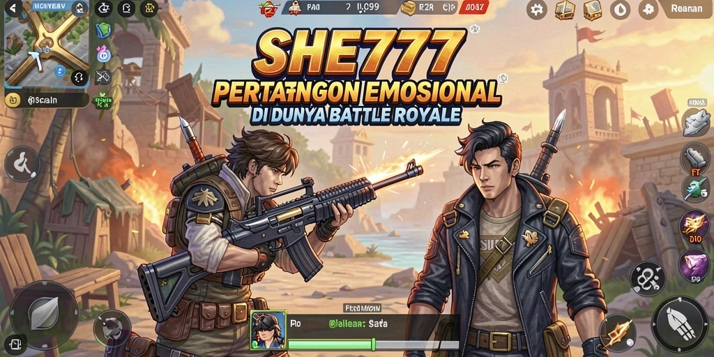 Tampilan screenshot SHE777 menunjukkan pertarungan Battle Royale yang seru.