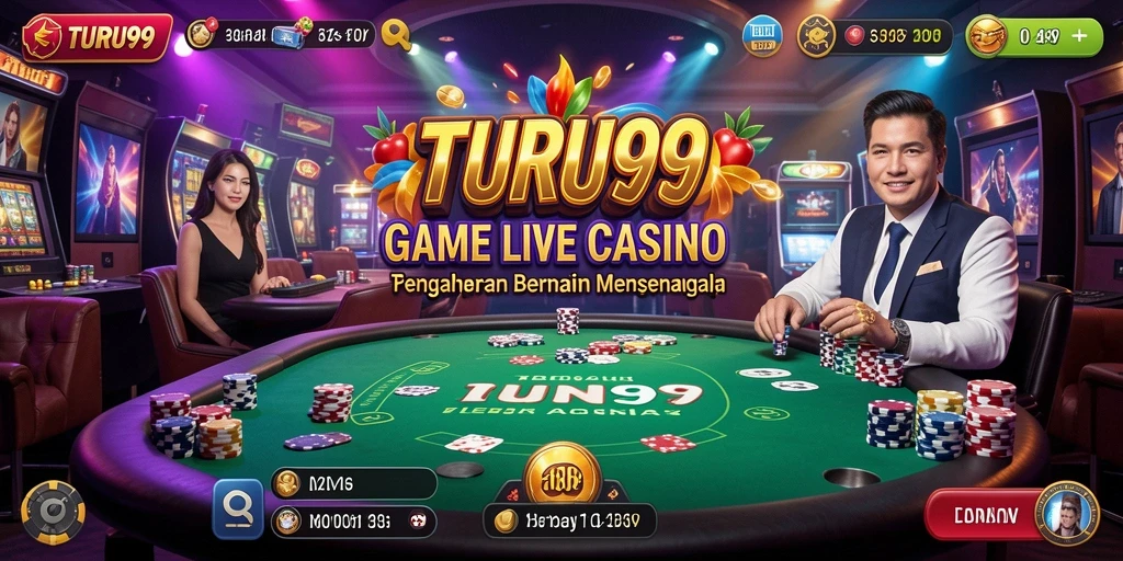 Screenshot TURU99 menampilkan dealer cantik dan gameplay Live Casino yang menarik.