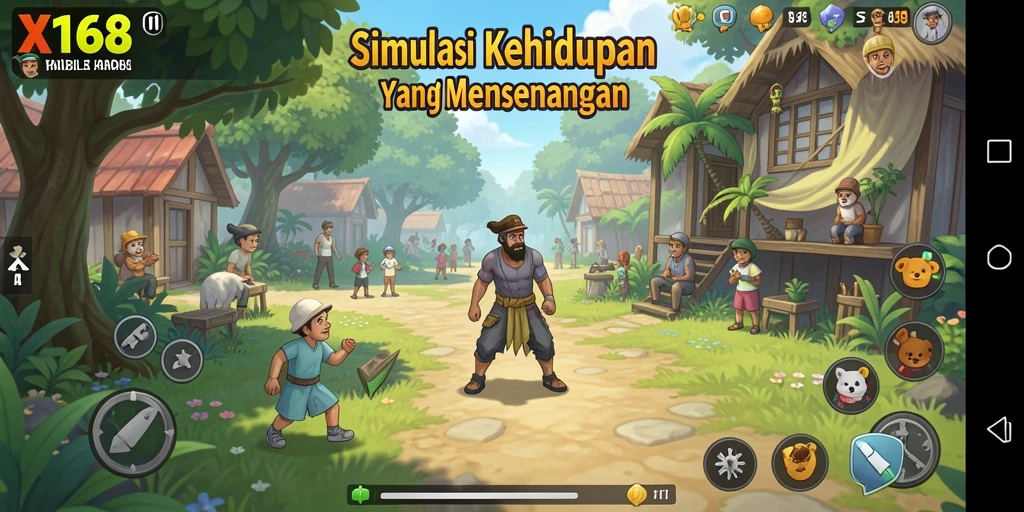 Screenshot gameplay X168 menampilkan interaksi karakter dalam simulasi kehidupan.